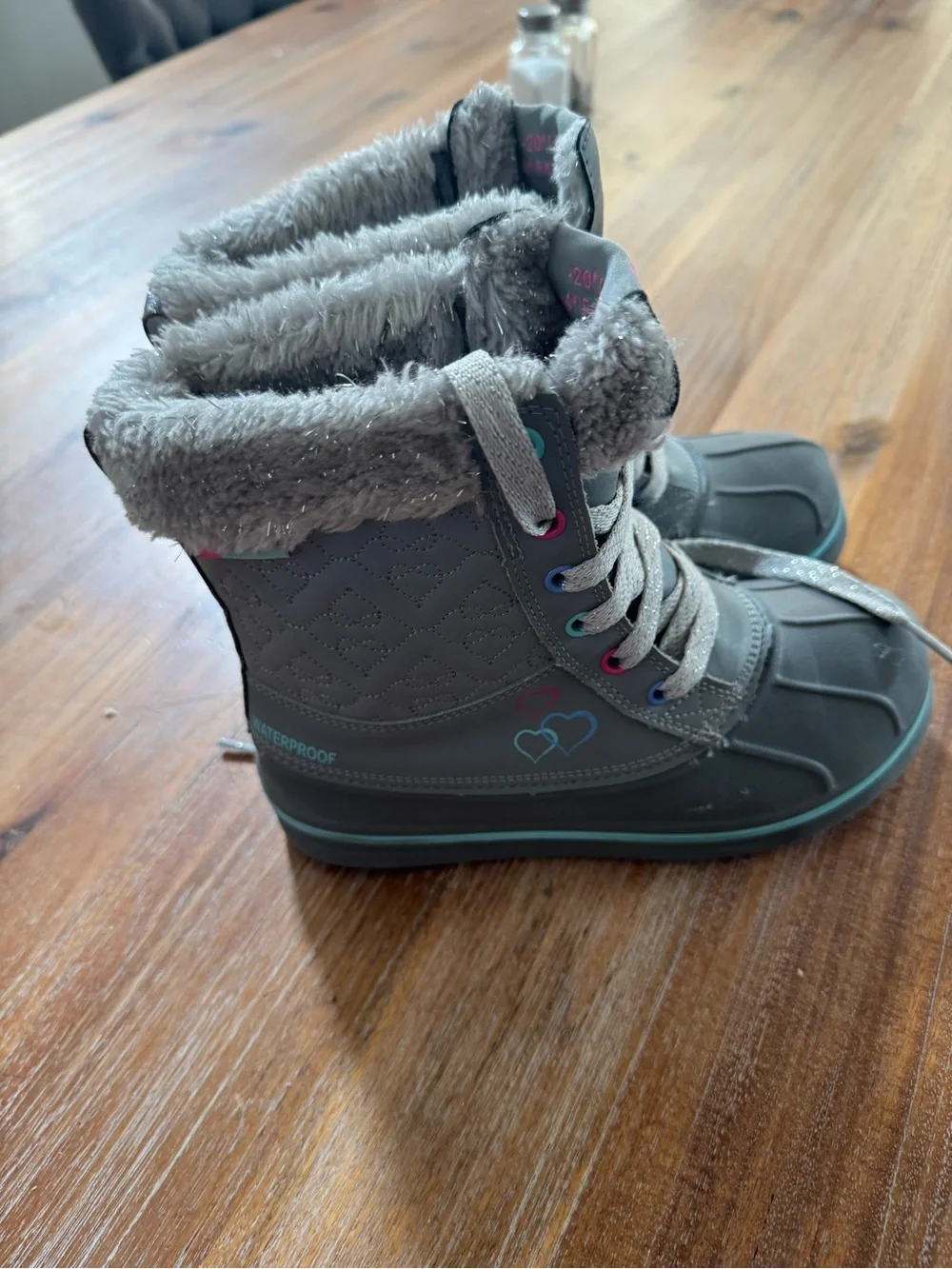 Skechers Kids Gray Waterproof Fur-Lined Lace-Up Winter Boots with Teal Trim